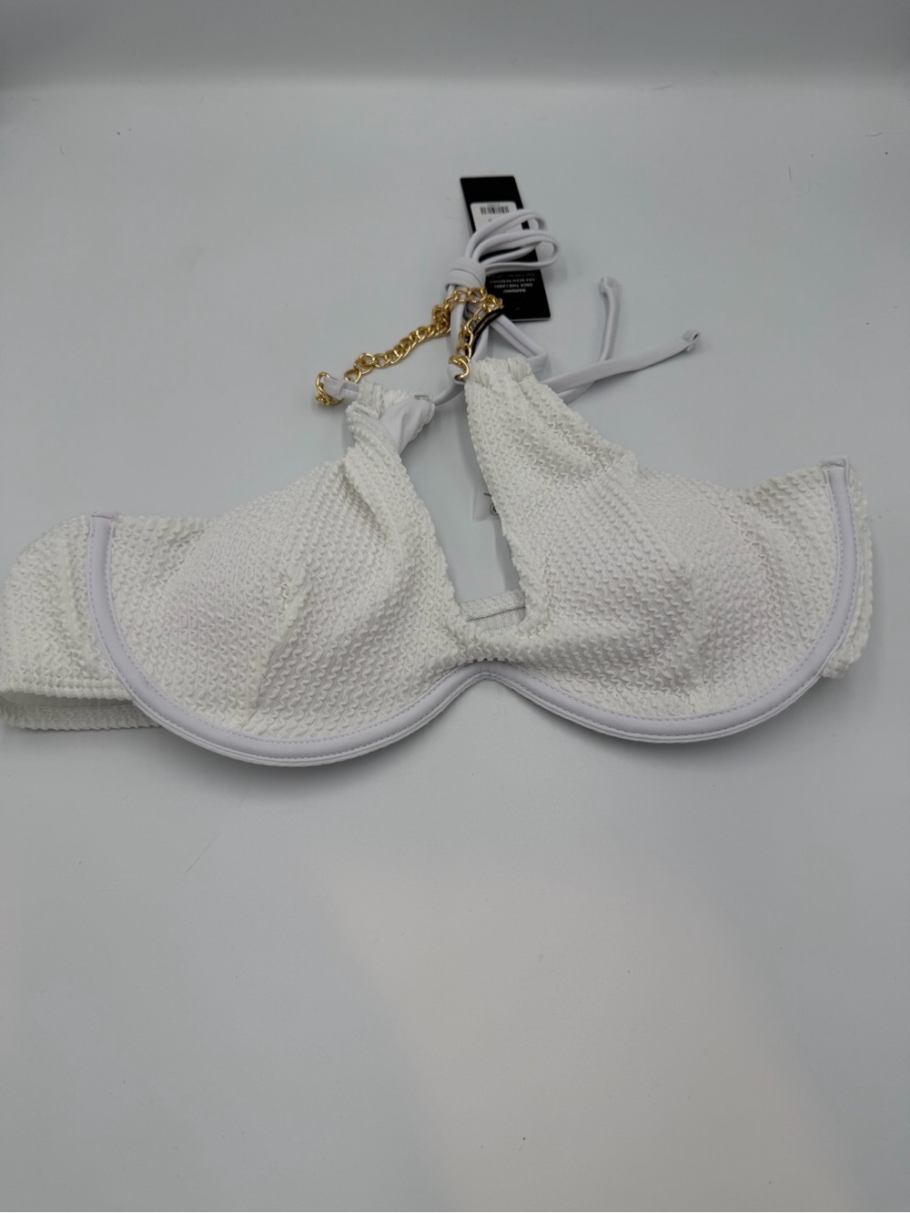 White Textured Underwire Bikini Top with Gold Chain Detail